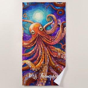 Whimsical Colorful Octopus met persoonlijke naam Strandlaken