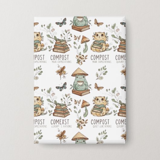 Whimsical "Compost Your Expectations" Frog & Cat P Button (Voorkant)
