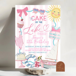 Whimsical Coquette Cake bij het Meer Feest Uitnodi Kaart