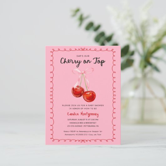 Whimsical Coquette Cherry op Top Baby shower Briefkaart (Staand voorkant)