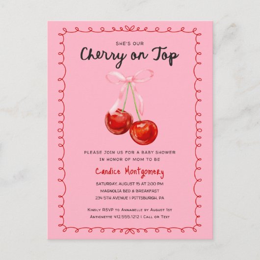 Whimsical Coquette Cherry op Top Baby shower Briefkaart (Voorkant)