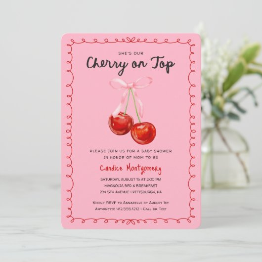 Whimsical Coquette Cherry op Top Baby shower Kaart (Staand voorkant)