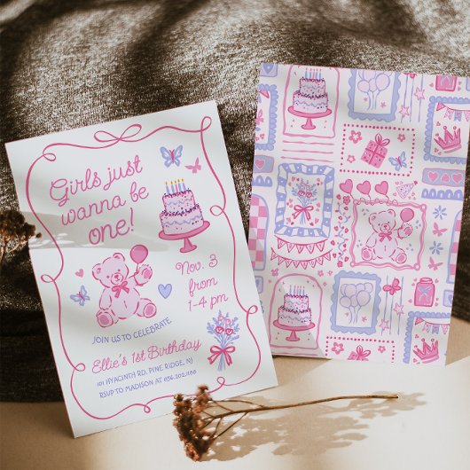 Whimsical Coquette Teddy Bear Roze Hand getekend Kaart