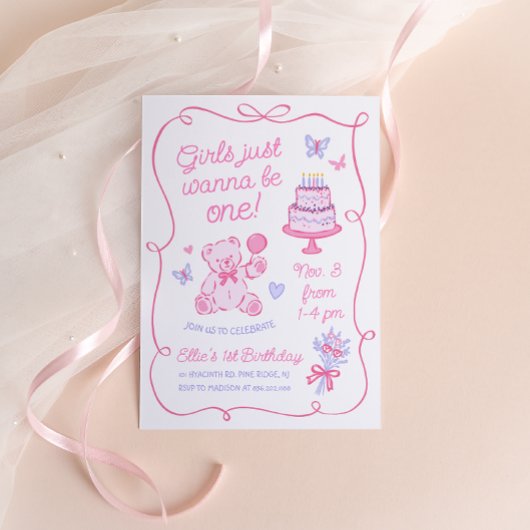 Whimsical Coquette Teddy Bear Roze Hand getekend Kaart