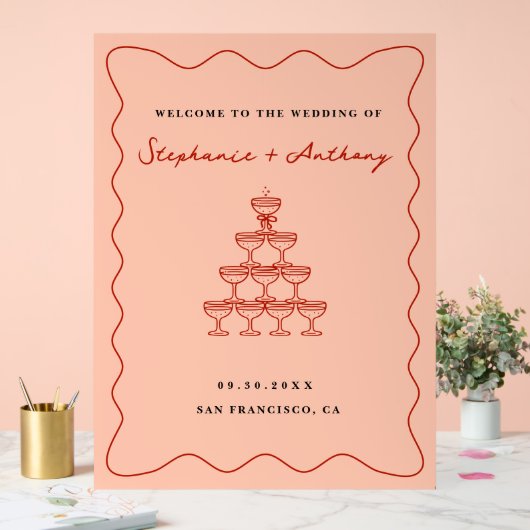 Whimsical Coral en Cherry Red Champagne Trouwen Acryl Bord (Huwelijk)