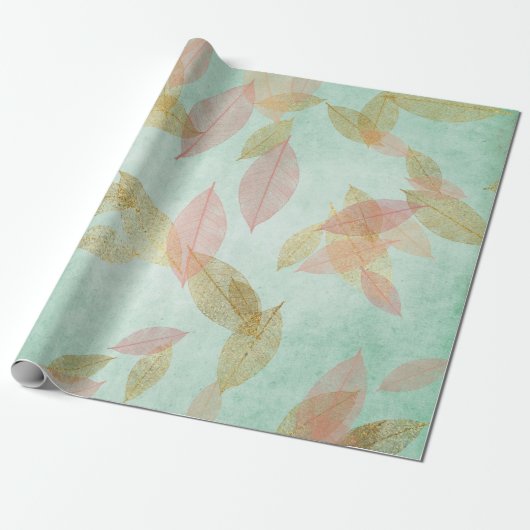 Whimsical Coral Gold Falling Leafs Mint Green Cadeaupapier (Uitgerold)