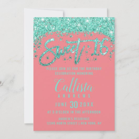 Whimsical Coral Turquoise Glitter Dust Sweet 16 Kaart (Voorkant)