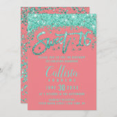 Whimsical Coral Turquoise Glitter Dust Sweet 16 Kaart (Voorkant / Achterkant)
