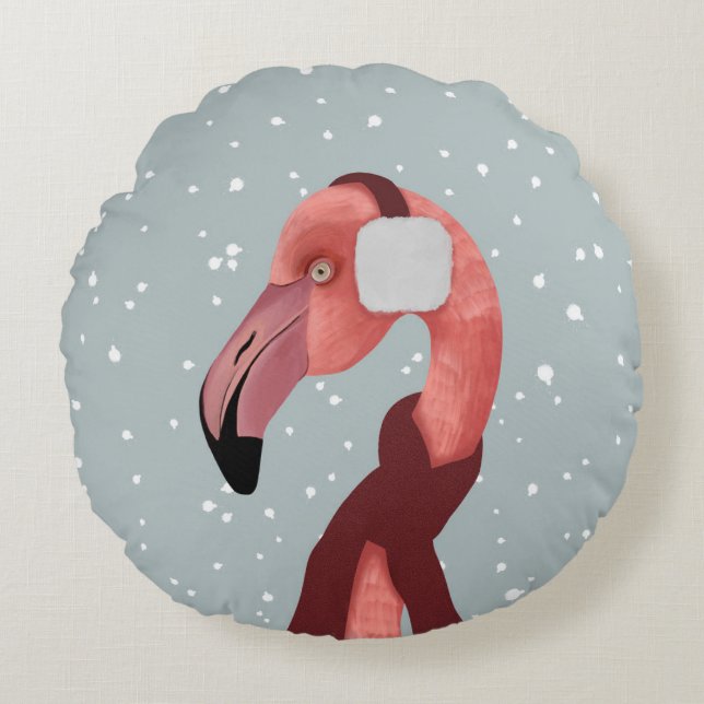 Whimsical Cosy Winter Flamingo met sjaal Rond Kussen (Voorkant)
