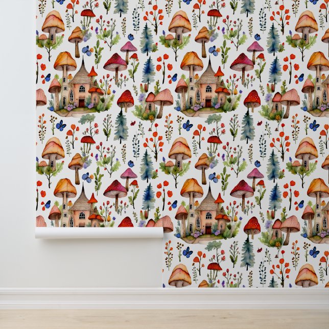 Whimsical Cottage Core Village Behang (Applicatie)