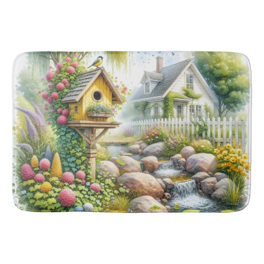 Whimsical Cottage Garden Birdhouse Stream Badmat (Voorkant)