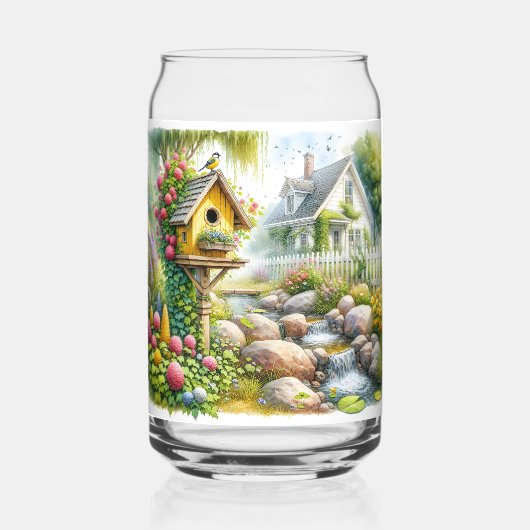 Whimsical Cottage Garden Birdhouse Stream Blikvorm Glas (Voorkant)