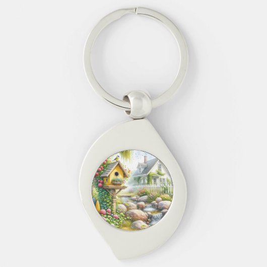 Whimsical Cottage Garden Birdhouse Stream Sleutelhanger (Voorkant)