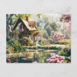 Whimsical Cottage met Rhododendrons en vijver Briefkaart