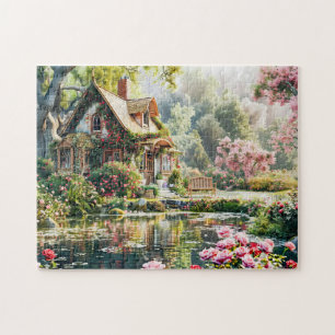 Whimsical Cottage met Rhododendrons en vijver Legpuzzel