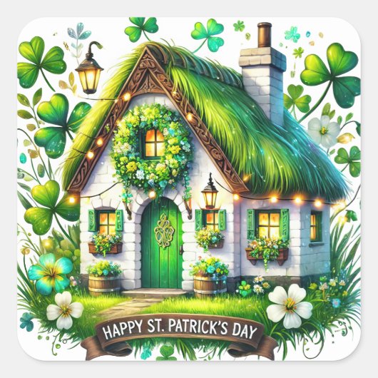 Whimsical Cottage St Patricks Day Illustratie Vierkante Sticker (Voorkant)