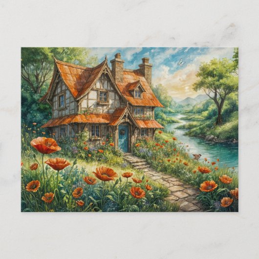 Whimsical Cottage with Poppy Flowers Briefkaart (Voorkant)