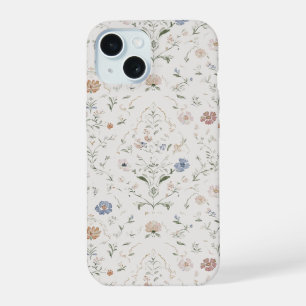 Whimsical Cottagecore Beige Waterverf Bloemen iPhone 15 Case