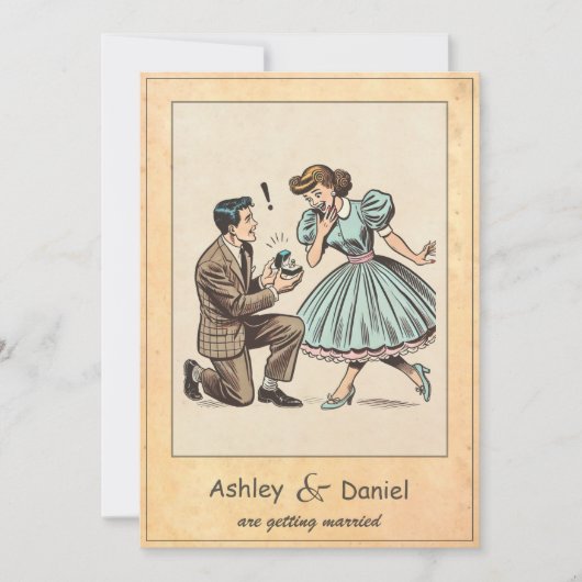 Whimsical Couple Proposal 50s Comic Wedding Kaart (Voorkant)