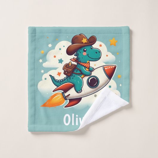 Whimsical Cowboy Dinosaurus Riding Space Rocket Washandje (Wasdoekje)