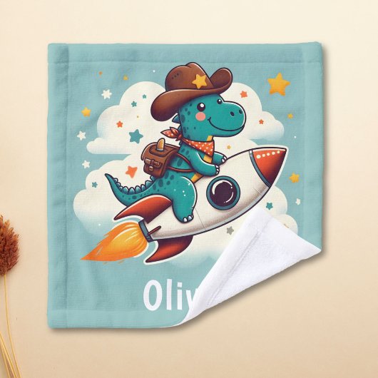 Whimsical Cowboy Dinosaurus Riding Space Rocket Washandje