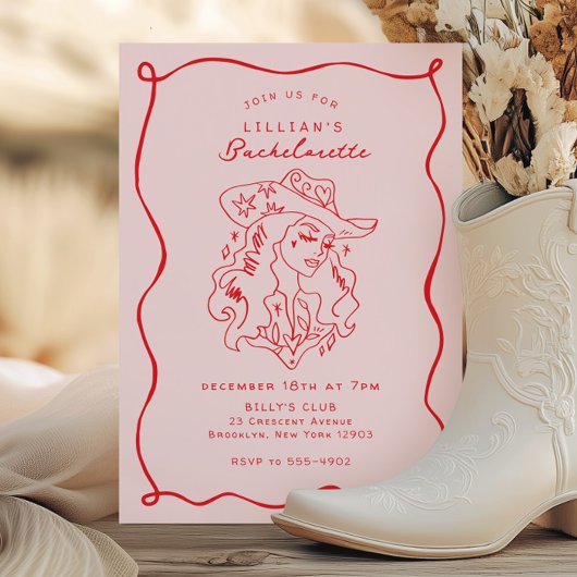 Whimsical Cowgirl Pink Red Bachelorette Party Kaart