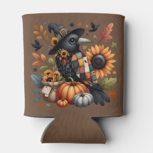 Whimsical Crow met pompoenen en zonnebloemen Blikjeskoeler (Achterkant)