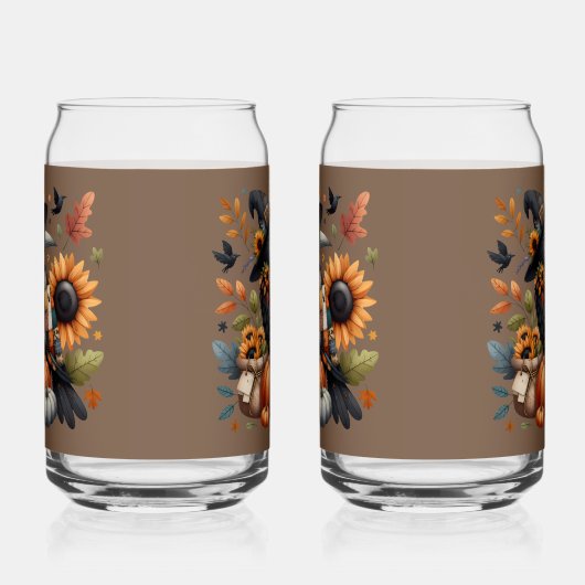 Whimsical Crow met pompoenen en zonnebloemen Blikvorm Glas (Links)