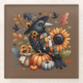Whimsical Crow met pompoenen en zonnebloemen Glazen Onderzetter (Voorkant)