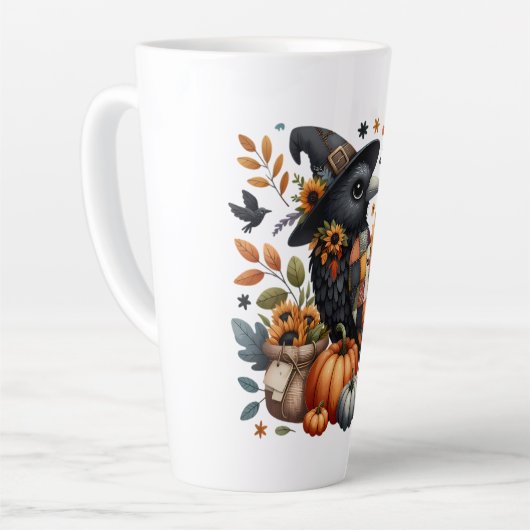 Whimsical Crow met pompoenen en zonnebloemen Latte Mok (Linkerhoek)