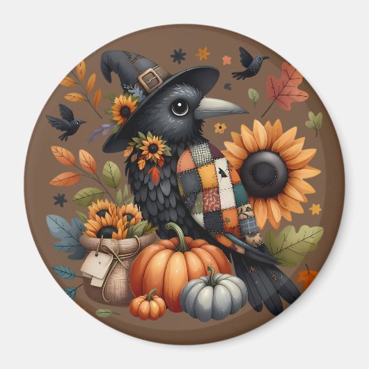 Whimsical Crow met pompoenen en zonnebloemen Magneet (Voorkant)