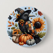 Whimsical Crow met pompoenen en zonnebloemen Ronde Button 7,6 Cm (Voorkant)
