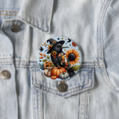 Whimsical Crow met pompoenen en zonnebloemen Ronde Button 7,6 Cm (In situ)