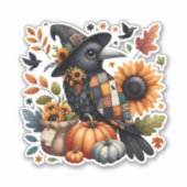 Whimsical Crow met pompoenen en zonnebloemen Sticker (Voorkant)