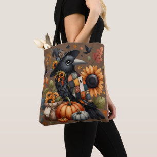 Whimsical Crow met pompoenen en zonnebloemen Tote Bag