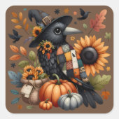 Whimsical Crow met pompoenen en zonnebloemen Vierkante Sticker (Voorkant)