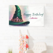 Whimsical Crown & Green Witch Pet Verjaardag Spandoek (Insitu)