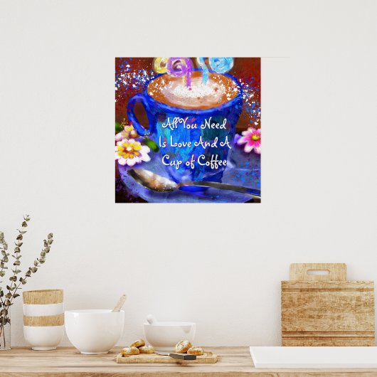 Whimsical Cup of Coffee Floral Personalized Poster (Keuken)