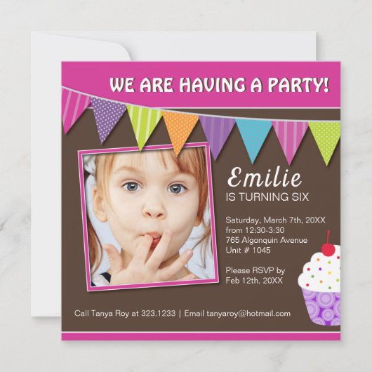 Whimsical Cupcake Birthday Party Invitation Kaart (Voorkant)