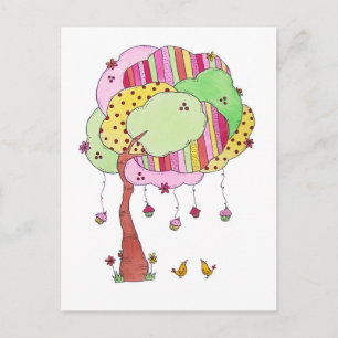 Whimsical Cupcake Tree met Waterverf van zoete vog Briefkaart