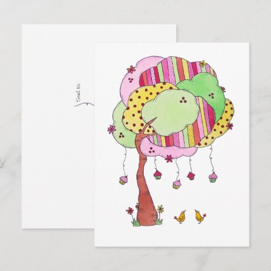 Whimsical Cupcake Tree met Waterverf van zoete vog Briefkaart (Voorkant / Achterkant)