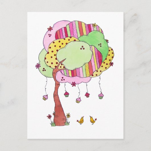 Whimsical Cupcake Tree met Waterverf van zoete vog Briefkaart (Voorkant)