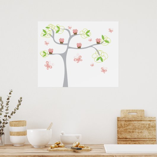 Whimsical Cupcakes Tree Butterflies Poster (Keuken)