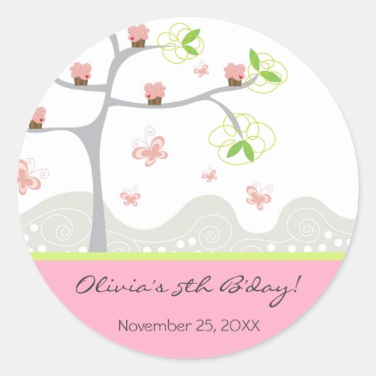 Whimsical Cupcakes Tree Butterflies Ronde Sticker (Voorkant)