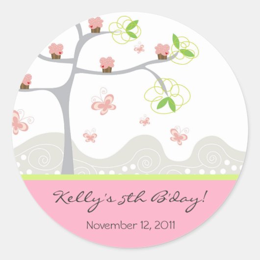 Whimsical Cupcakes Tree Butterflies Ronde Sticker (Voorkant)