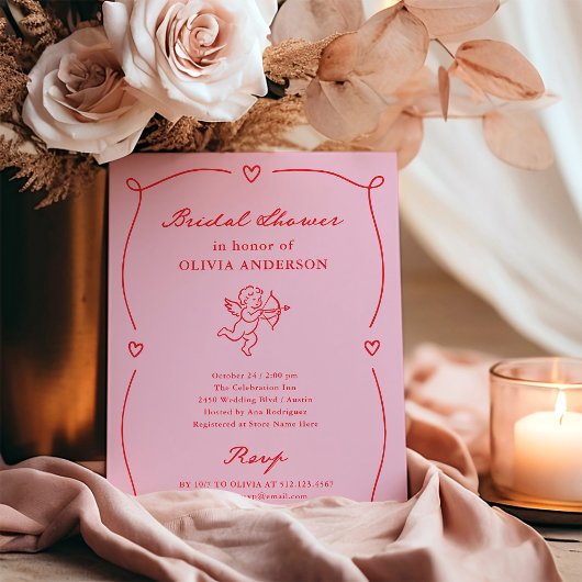 Whimsical Cupid | Blush Roze en Rode Bruiloftssalo Kaart
