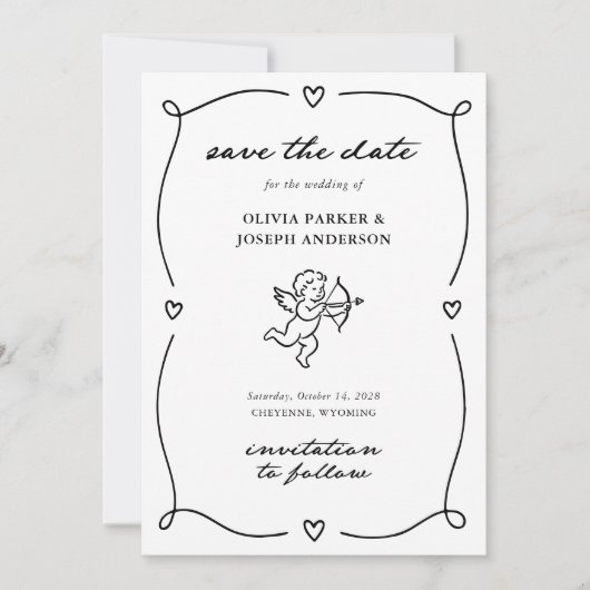 Whimsical Cupid | Romantic Photo and QR Code Save The Date (Voorkant)