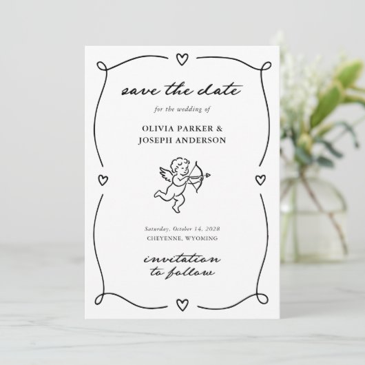 Whimsical Cupid | Romantic Photo and QR Code Save The Date (Staand voorkant)