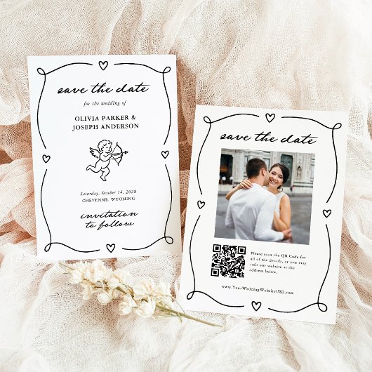 Whimsical Cupid | Romantische foto en QR-code Save The Date