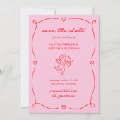 Whimsical Cupid | Roze en Rood Foto en QR-code Save The Date (Voorkant)